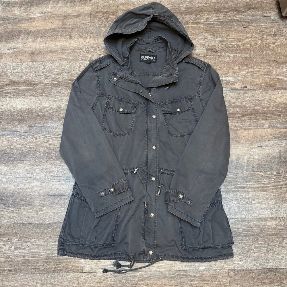 BUFFALO DAVID BITTON Washed Black Hooded Utility Jacket Field Coat Size M